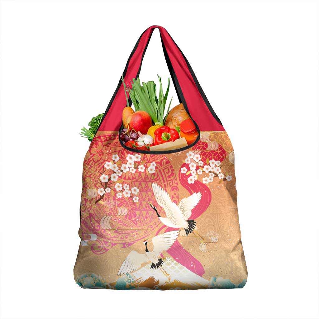 Hawaiian and Japanese Culture Together Grocery Bag Kakau Art Tattoo with Cranes and Sakura Spring Vibe LT03 1-pack One Size Multicolor - Polynesian Pride