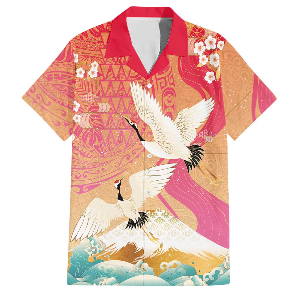 Hawaiian and Japanese Culture Together Hawaiian Shirt Kakau Art Tattoo with Cranes and Sakura Spring Vibe - Polynesian Pride