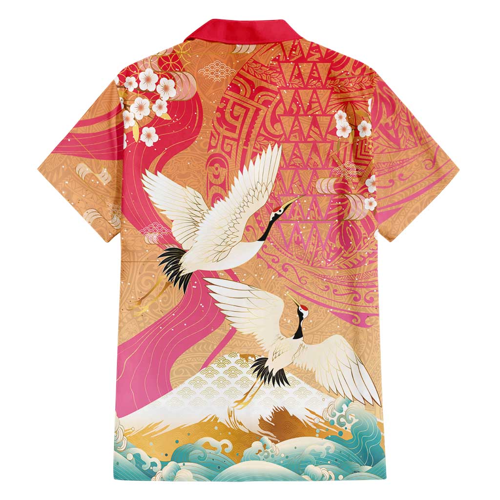 Hawaiian and Japanese Culture Together Hawaiian Shirt Kakau Art Tattoo with Cranes and Sakura Spring Vibe LT03 - Polynesian Pride