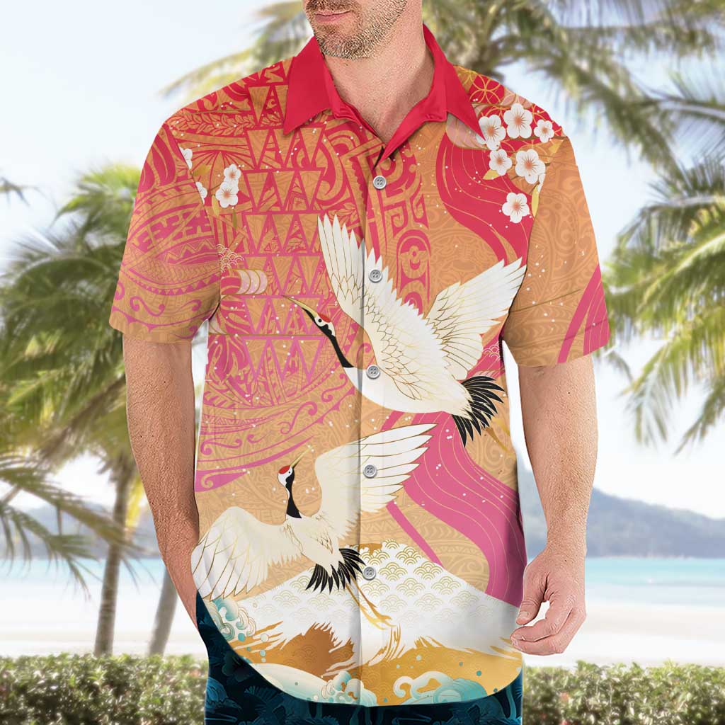 Hawaiian and Japanese Culture Together Hawaiian Shirt Kakau Art Tattoo with Cranes and Sakura Spring Vibe LT03 - Polynesian Pride