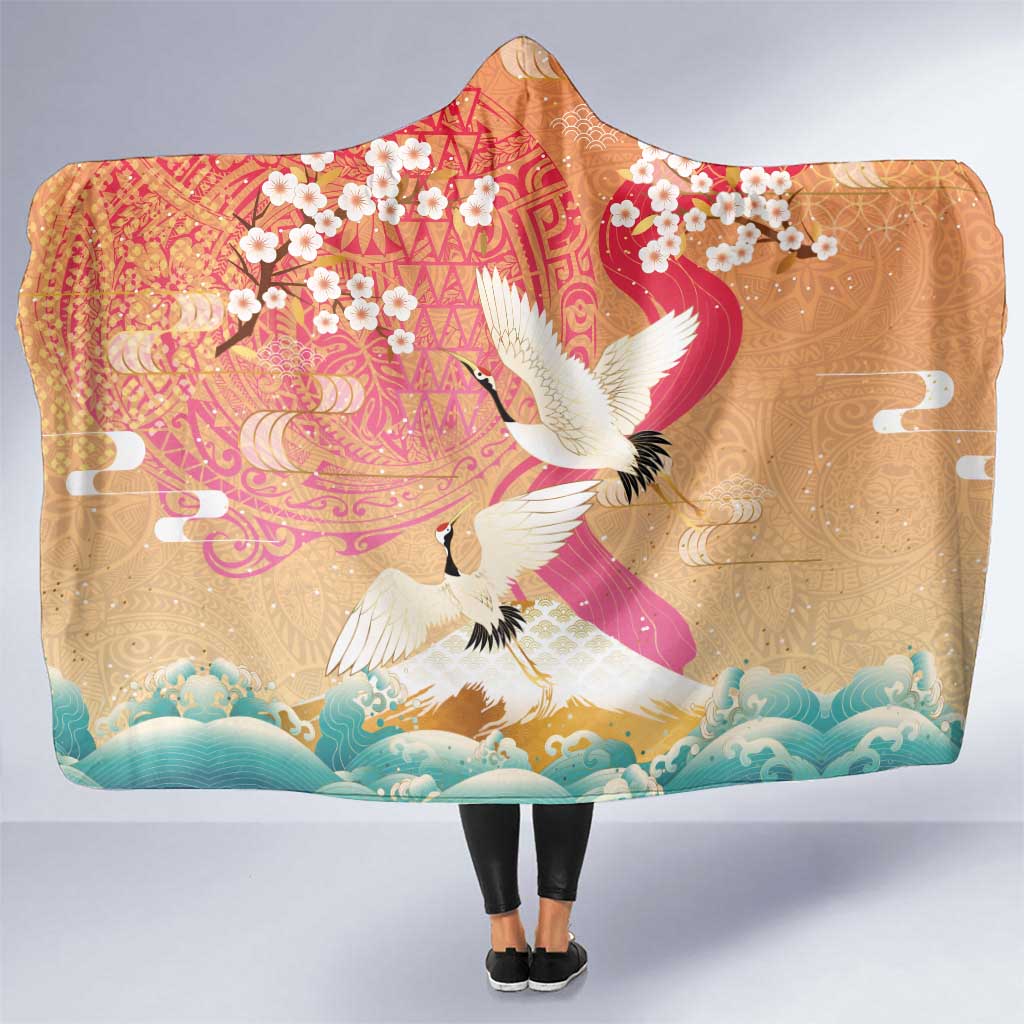 Hawaiian and Japanese Culture Together Hooded Blanket Kakau Art Tattoo with Cranes and Sakura Spring Vibe LT03 One Size Multicolor - Polynesian Pride