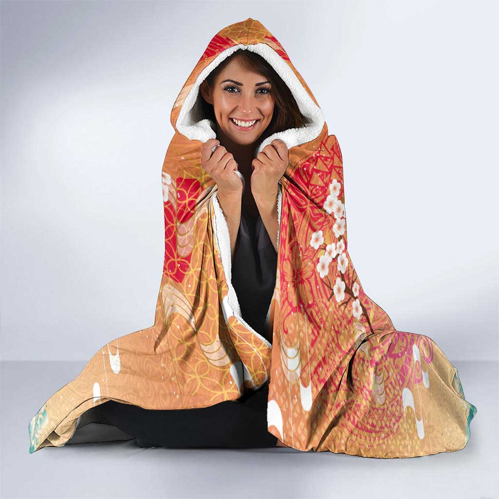 Hawaiian and Japanese Culture Together Hooded Blanket Kakau Art Tattoo with Cranes and Sakura Spring Vibe LT03 - Polynesian Pride