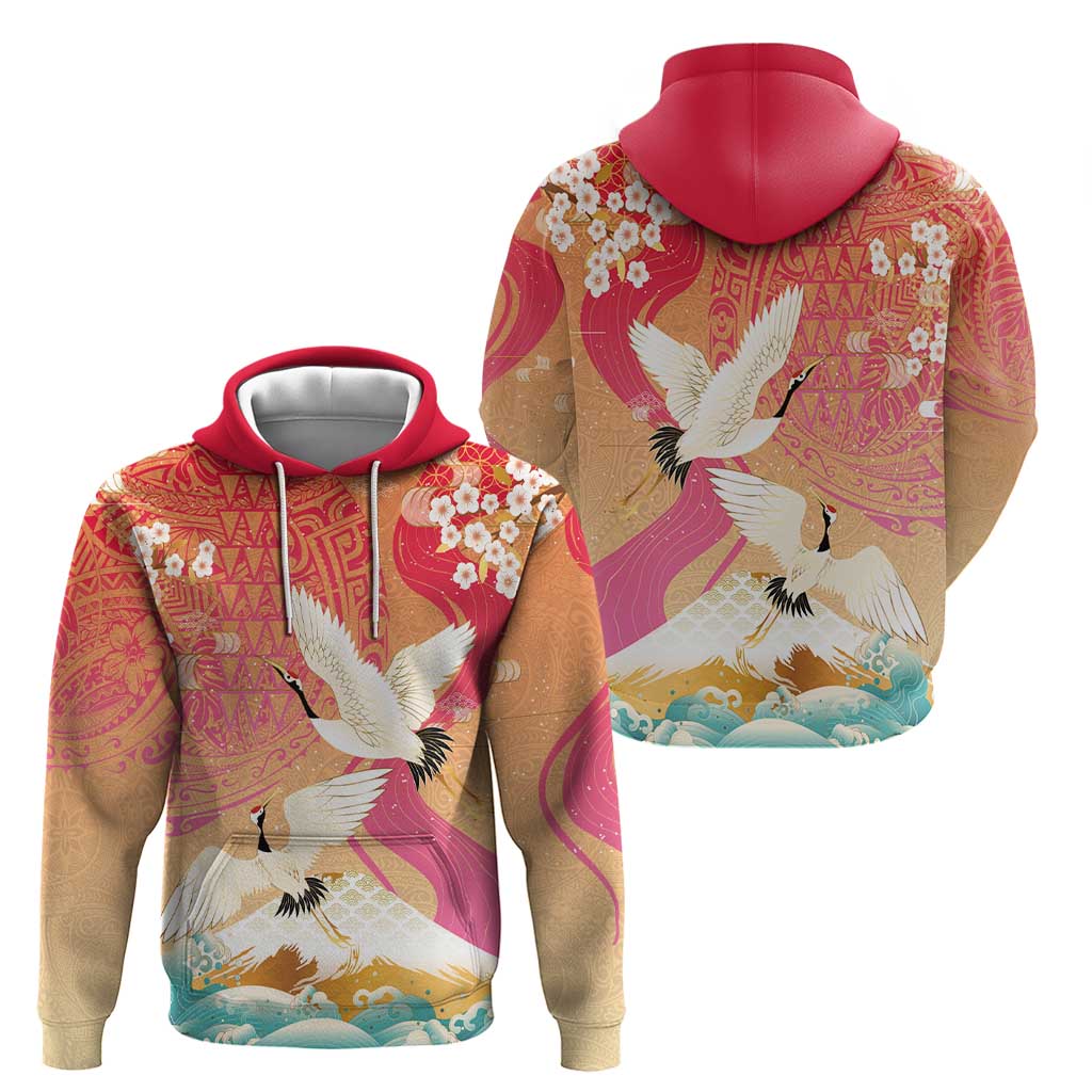 Hawaiian and Japanese Culture Together Hoodie Kakau Art Tattoo with Cranes and Sakura Spring Vibe LT03 - Polynesian Pride