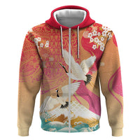 Hawaiian and Japanese Culture Together Hoodie Kakau Art Tattoo with Cranes and Sakura Spring Vibe LT03 Zip Hoodie Multicolor - Polynesian Pride