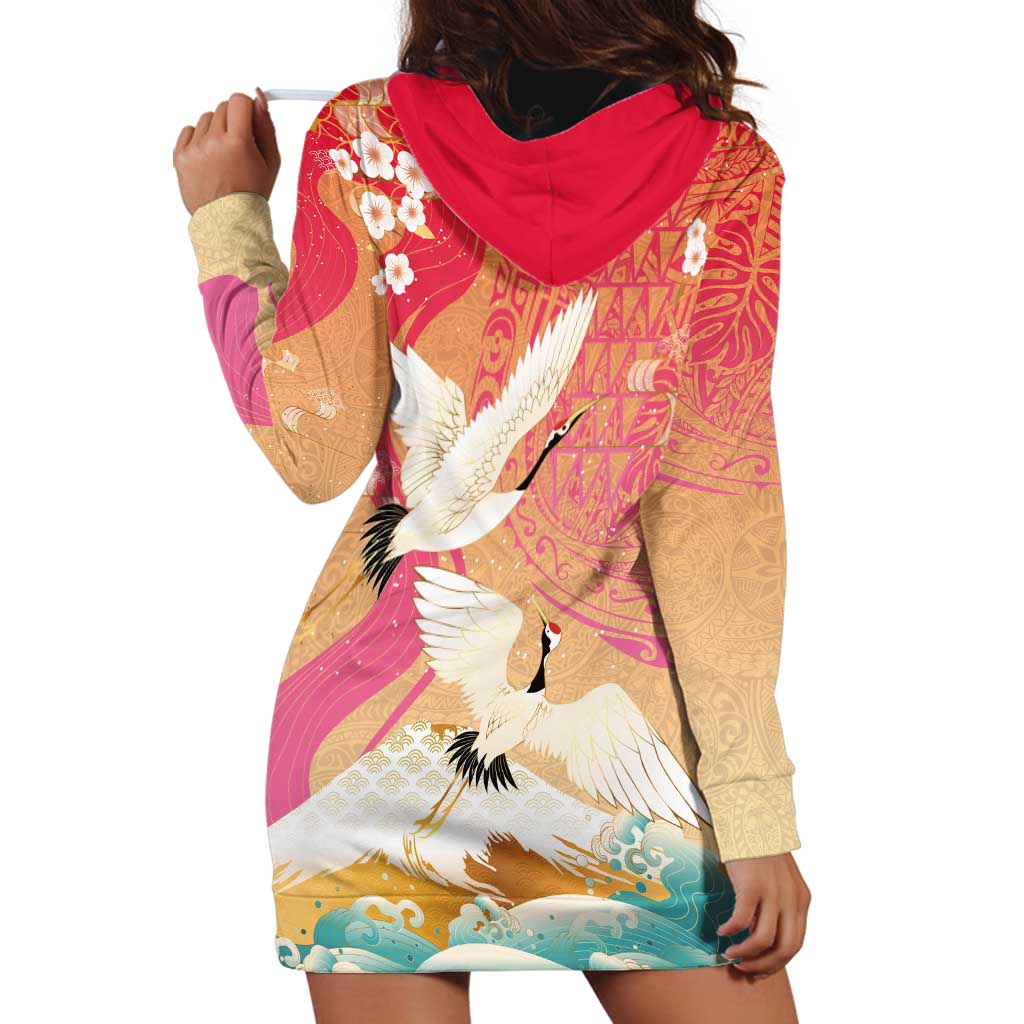 Hawaiian and Japanese Culture Together Hoodie Dress Kakau Art Tattoo with Cranes and Sakura Spring Vibe LT03 - Polynesian Pride