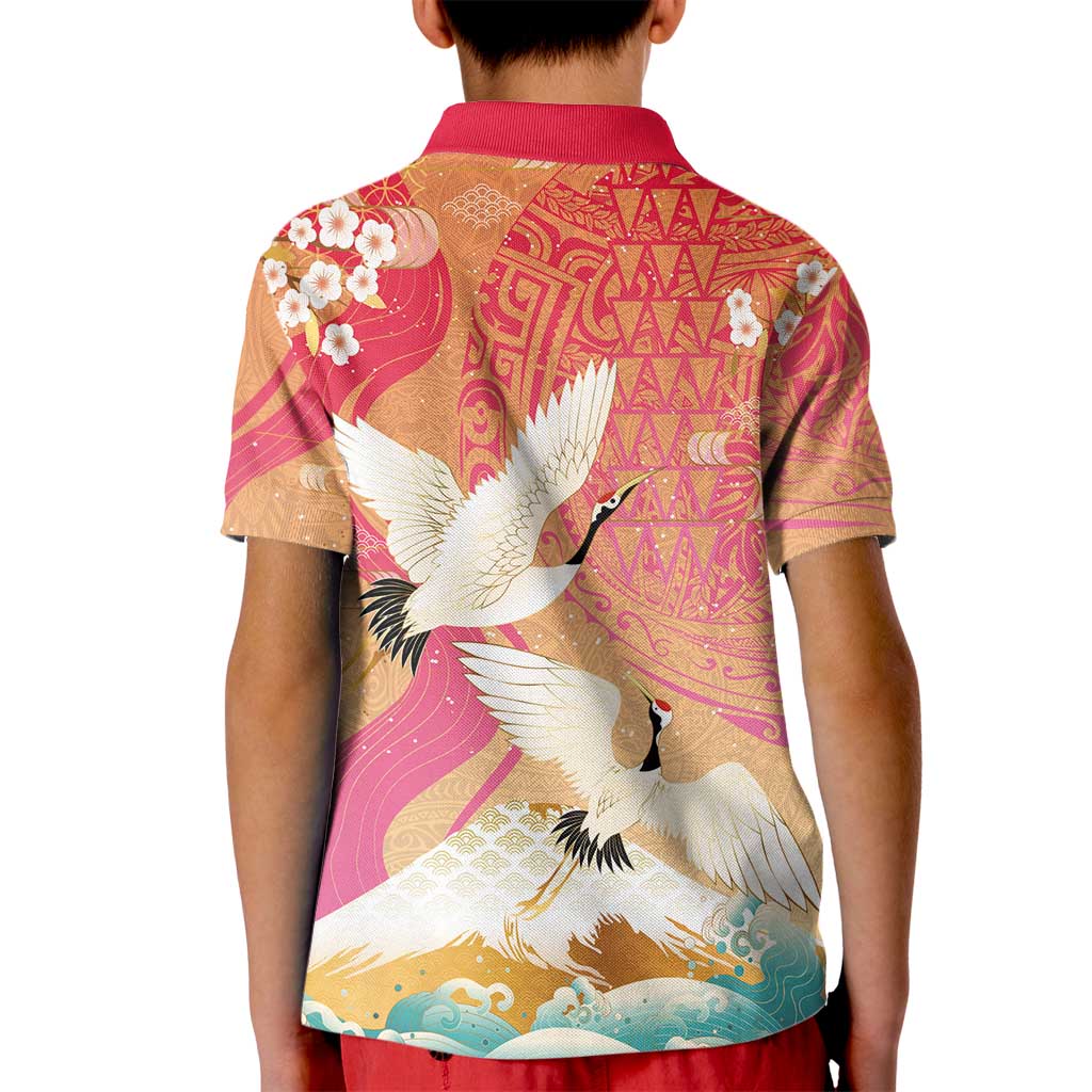 Hawaiian and Japanese Culture Together Kid Polo Shirt Kakau Art Tattoo with Cranes and Sakura Spring Vibe LT03 - Polynesian Pride