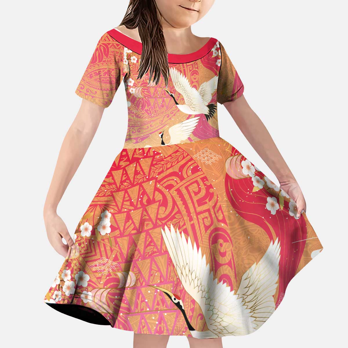 Hawaiian and Japanese Culture Together Kid Short Sleeve Dress Kakau Art Tattoo with Cranes and Sakura Spring Vibe LT03 KID Multicolor - Polynesian Pride