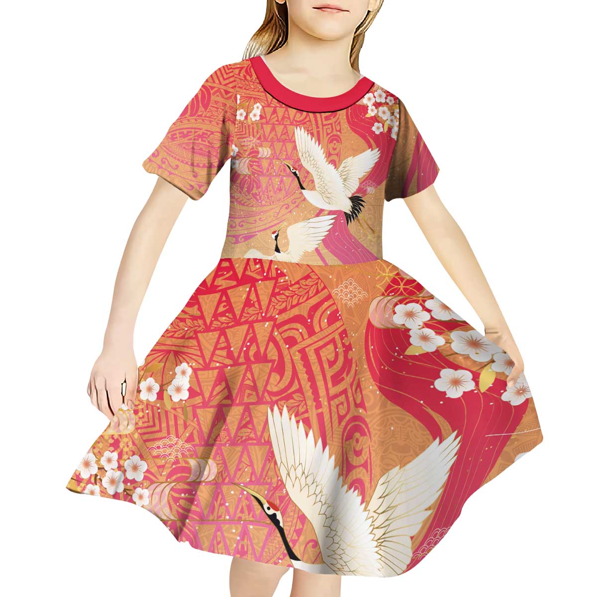 Hawaiian and Japanese Culture Together Kid Short Sleeve Dress Kakau Art Tattoo with Cranes and Sakura Spring Vibe LT03 - Polynesian Pride