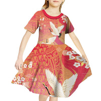 Hawaiian and Japanese Culture Together Kid Short Sleeve Dress Kakau Art Tattoo with Cranes and Sakura Spring Vibe LT03 - Polynesian Pride