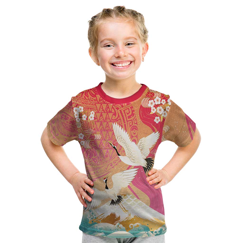 Hawaiian and Japanese Culture Together Kid T Shirt Kakau Art Tattoo with Cranes and Sakura Spring Vibe LT03 Multicolor - Polynesian Pride