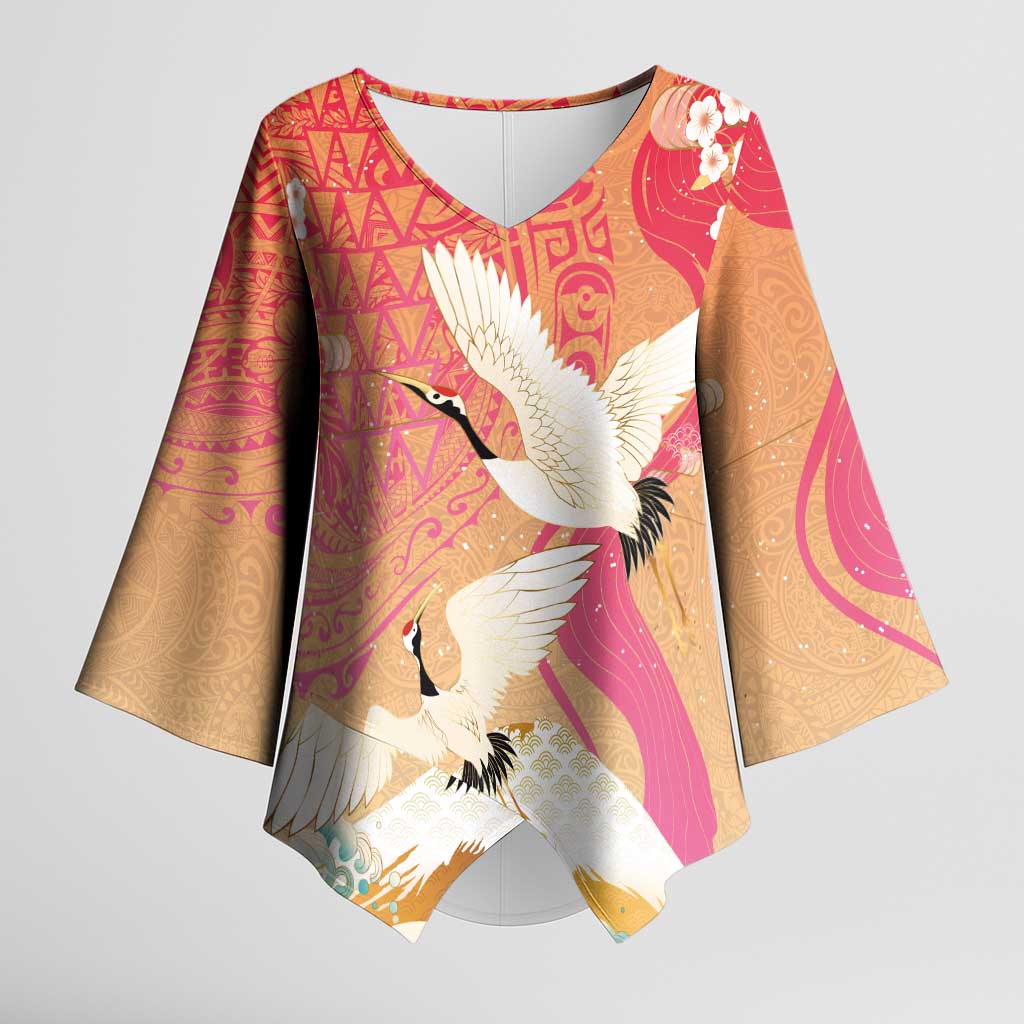 Hawaiian and Japanese Culture Together Kimono Sleeve Blouse Kakau Art Tattoo with Cranes and Sakura Spring Vibe LT03 Female Multicolor - Polynesian Pride