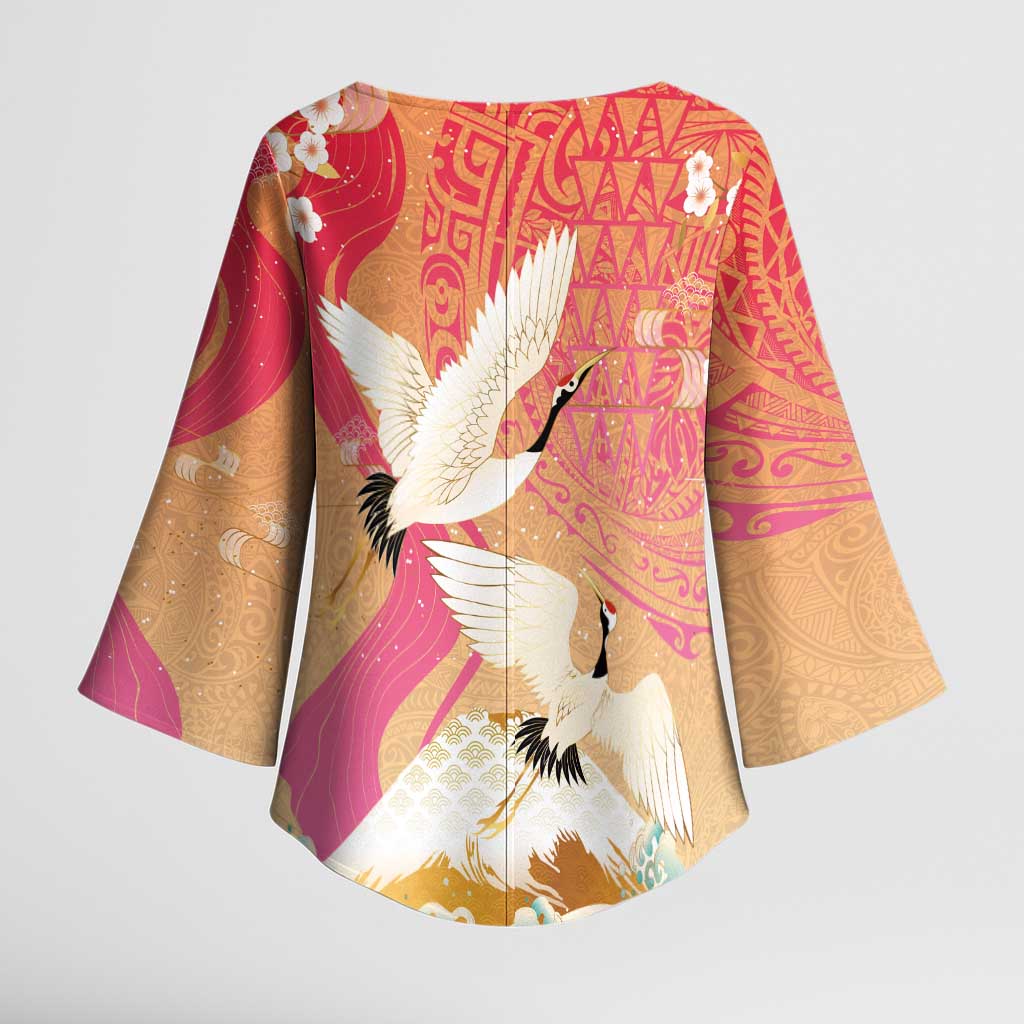 Hawaiian and Japanese Culture Together Kimono Sleeve Blouse Kakau Art Tattoo with Cranes and Sakura Spring Vibe LT03 - Polynesian Pride
