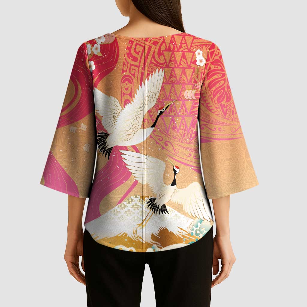 Hawaiian and Japanese Culture Together Kimono Sleeve Blouse Kakau Art Tattoo with Cranes and Sakura Spring Vibe LT03 - Polynesian Pride