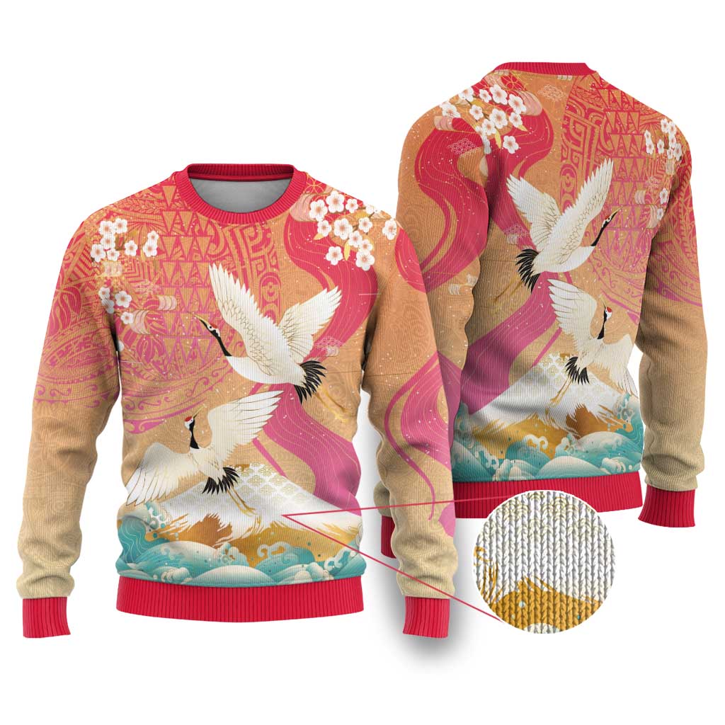 Hawaiian and Japanese Culture Together Ugly Christmas Sweater Kakau Art Tattoo with Cranes and Sakura Spring Vibe LT03 Multicolor - Polynesian Pride