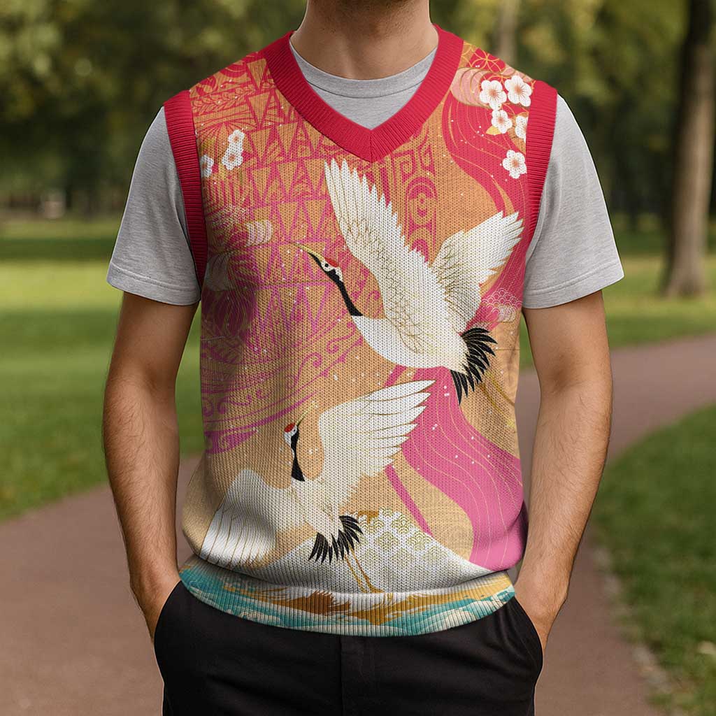 Hawaiian and Japanese Culture Together Christmas Knitted V-Neck Vest Kakau Art Tattoo with Cranes and Sakura Spring Vibe LT03 - Polynesian Pride