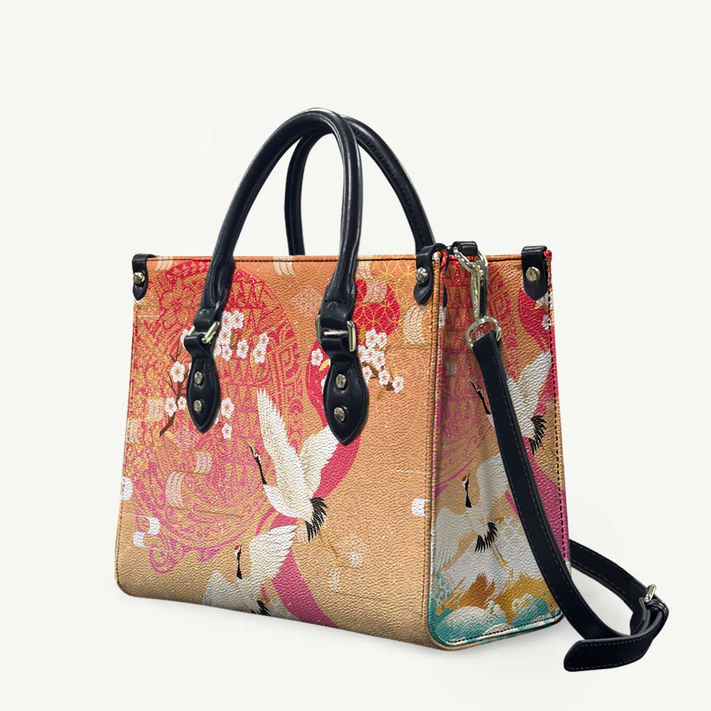 Hawaiian and Japanese Culture Together Leather Bag Kakau Art Tattoo with Cranes and Sakura Spring Vibe LT03 Multicolor - Polynesian Pride