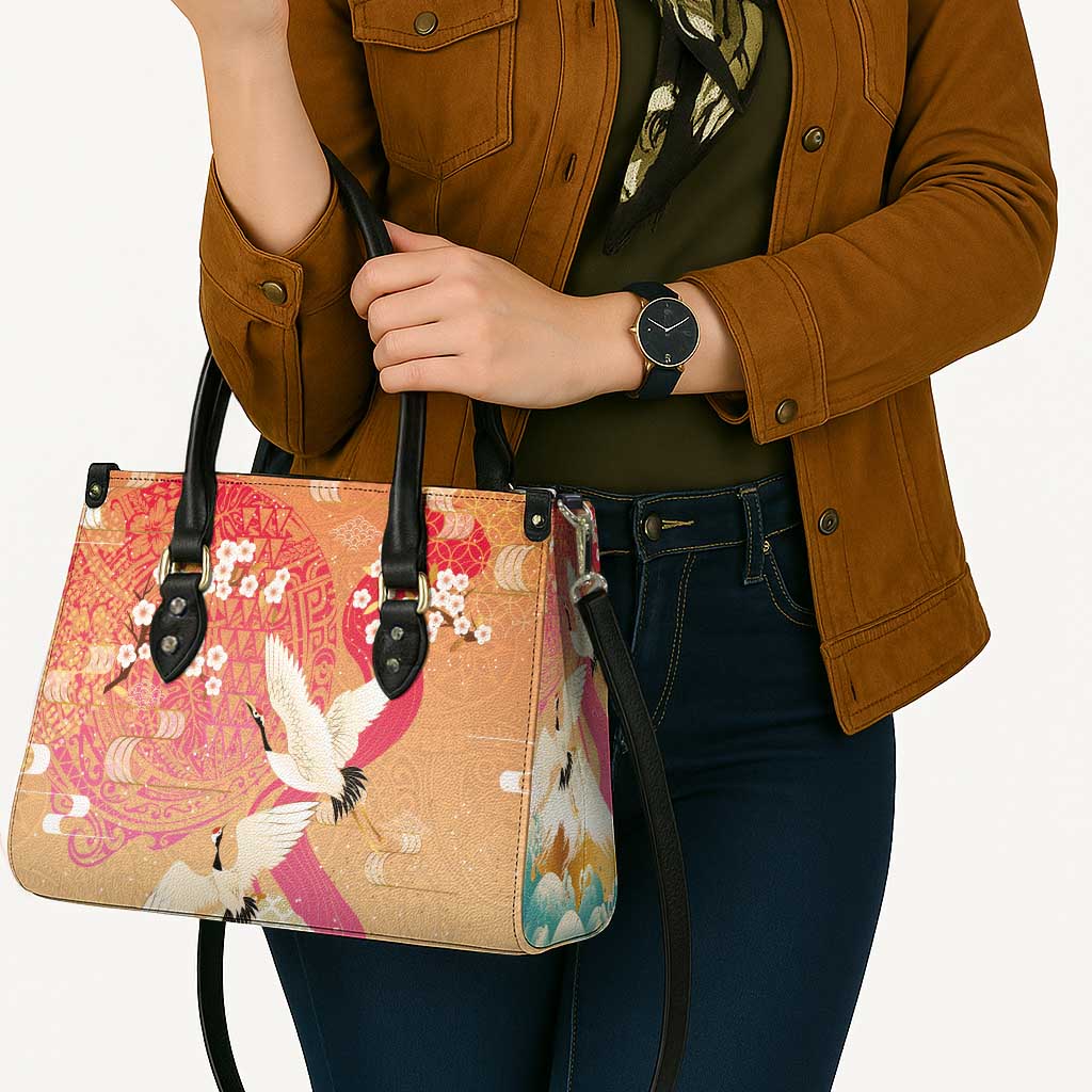 Hawaiian and Japanese Culture Together Leather Bag Kakau Art Tattoo with Cranes and Sakura Spring Vibe LT03 - Polynesian Pride