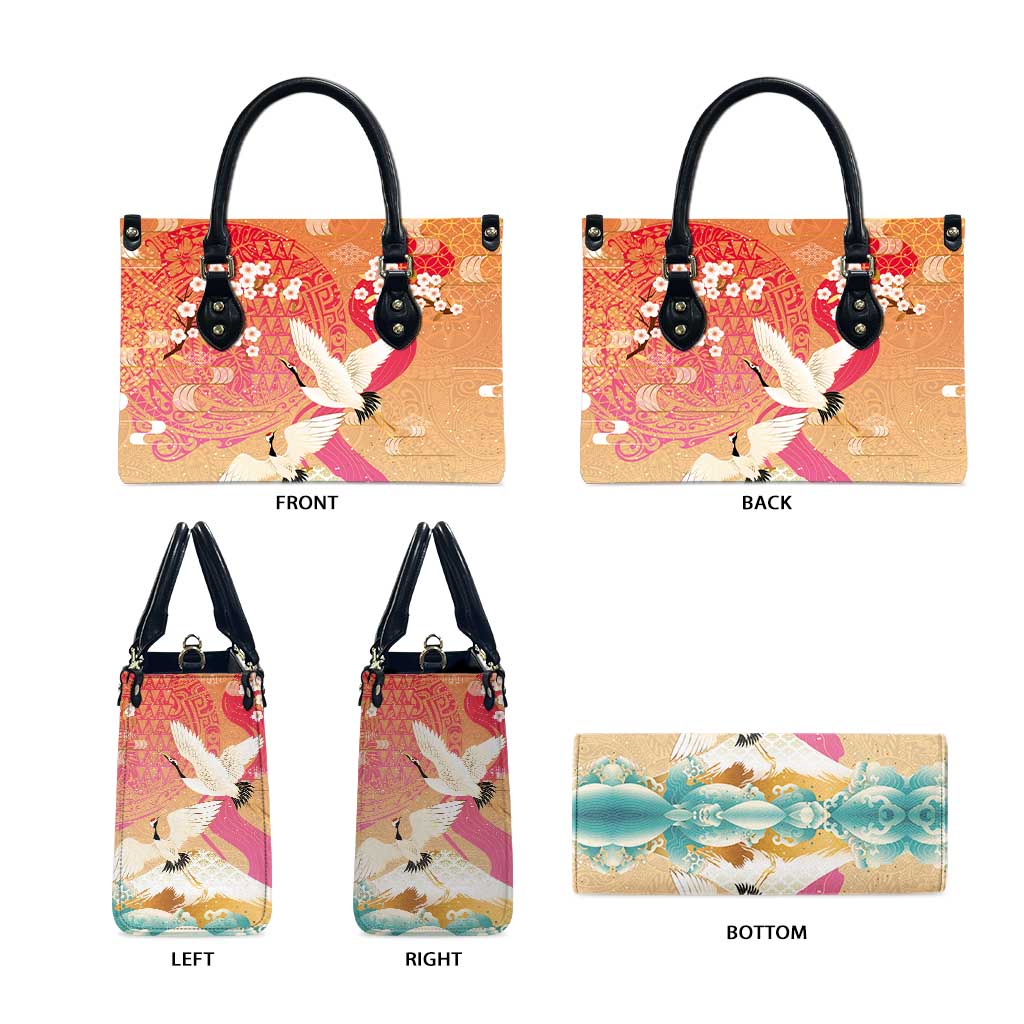 Hawaiian and Japanese Culture Together Leather Bag Kakau Art Tattoo with Cranes and Sakura Spring Vibe LT03 - Polynesian Pride