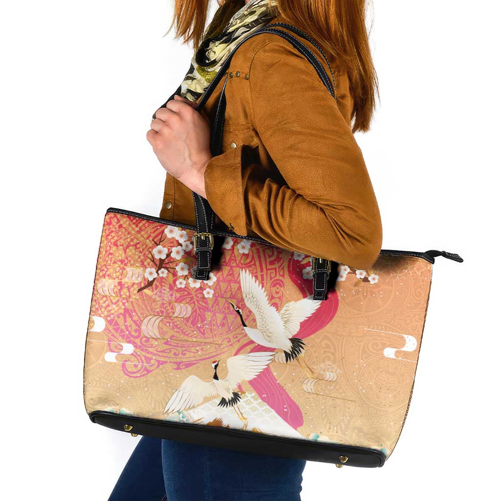 Hawaiian and Japanese Culture Together Leather Tote Bag Kakau Art Tattoo with Cranes and Sakura Spring Vibe LT03 Multicolor - Polynesian Pride