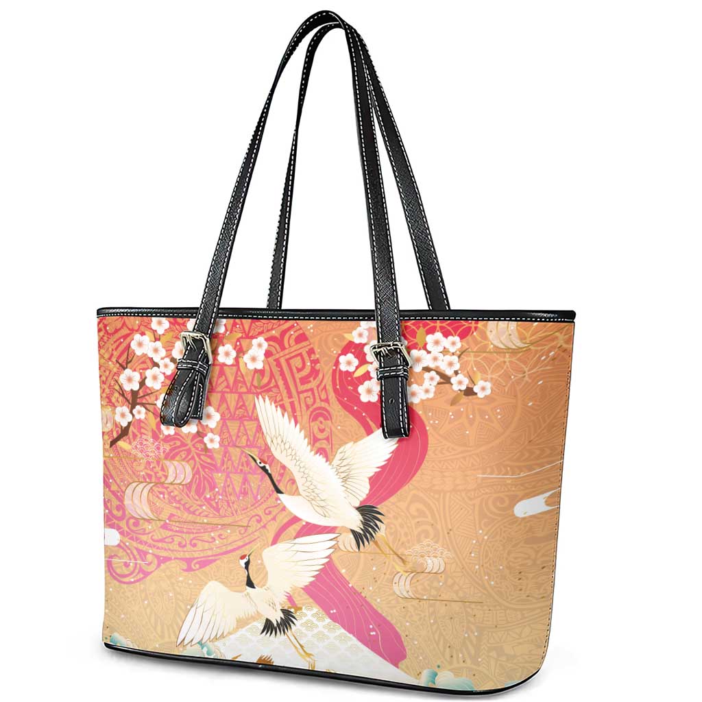 Hawaiian and Japanese Culture Together Leather Tote Bag Kakau Art Tattoo with Cranes and Sakura Spring Vibe LT03 - Polynesian Pride