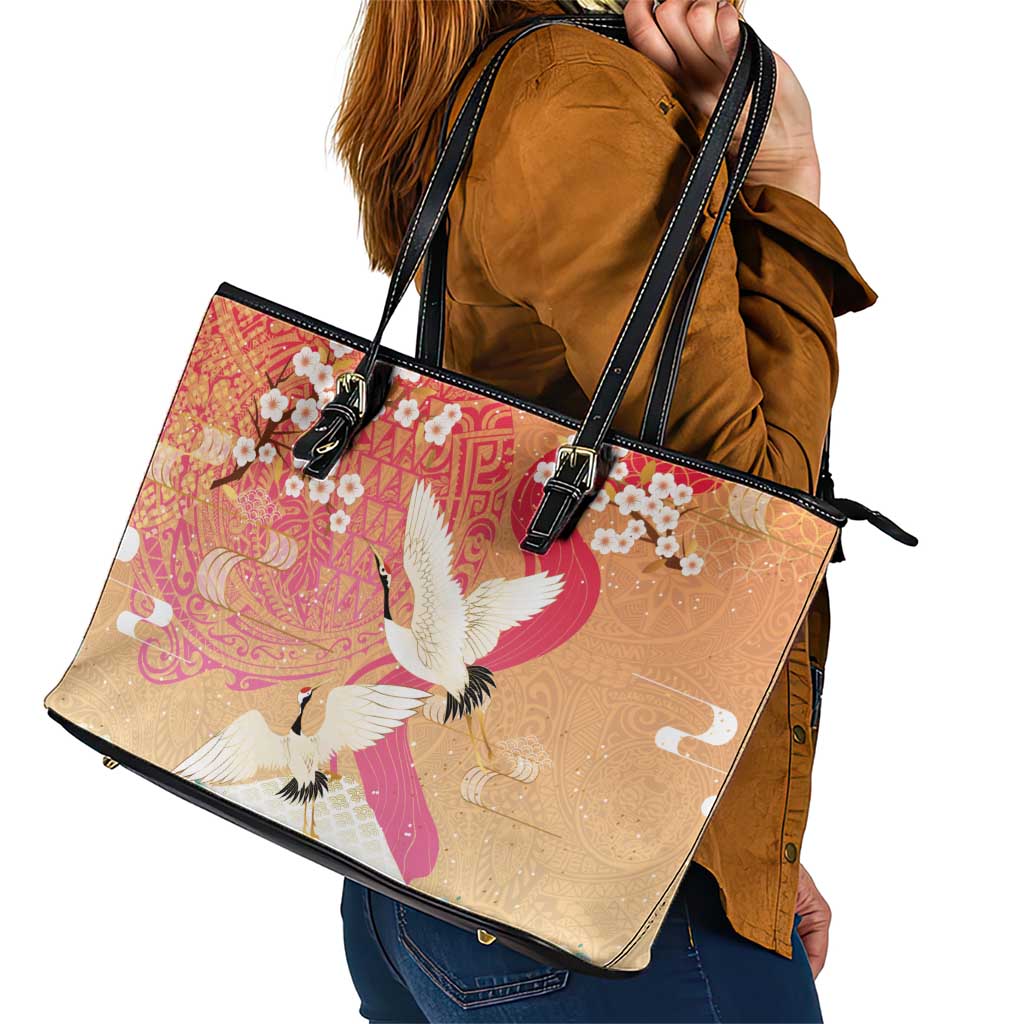 Hawaiian and Japanese Culture Together Leather Tote Bag Kakau Art Tattoo with Cranes and Sakura Spring Vibe LT03 - Polynesian Pride