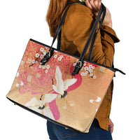 Hawaiian and Japanese Culture Together Leather Tote Bag Kakau Art Tattoo with Cranes and Sakura Spring Vibe LT03 - Polynesian Pride