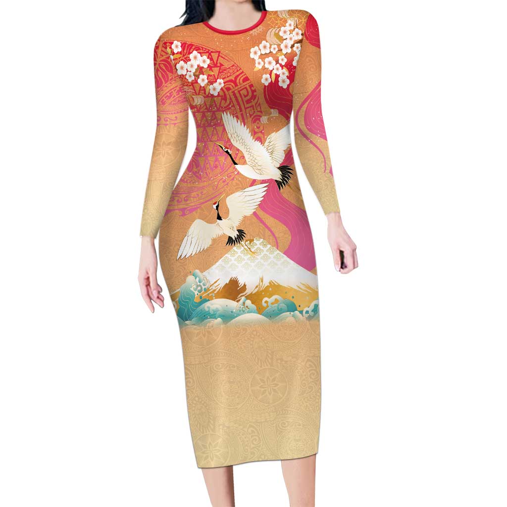 Hawaiian and Japanese Culture Together Long Sleeve Bodycon Dress Kakau Art Tattoo with Cranes and Sakura Spring Vibe LT03 Long Dress Multicolor - Polynesian Pride