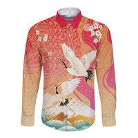 Hawaiian and Japanese Culture Together Long Sleeve Button Shirt Kakau Art Tattoo with Cranes and Sakura Spring Vibe LT03 Unisex Multicolor - Polynesian Pride