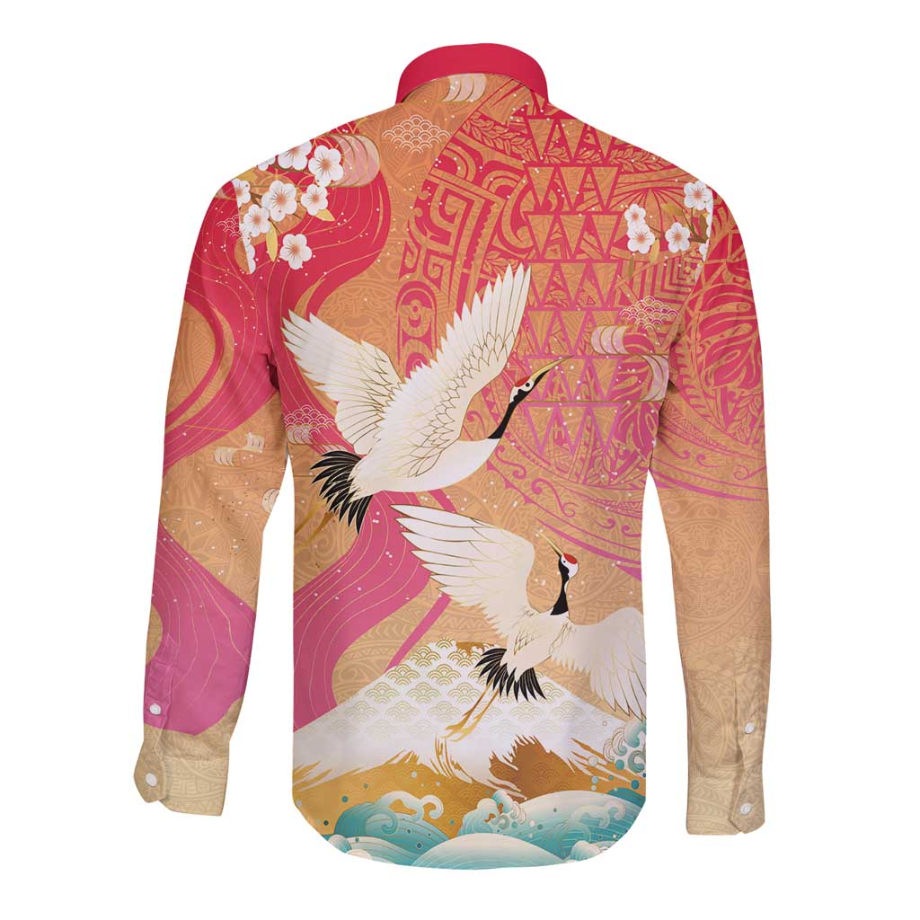 Hawaiian and Japanese Culture Together Long Sleeve Button Shirt Kakau Art Tattoo with Cranes and Sakura Spring Vibe LT03 - Polynesian Pride