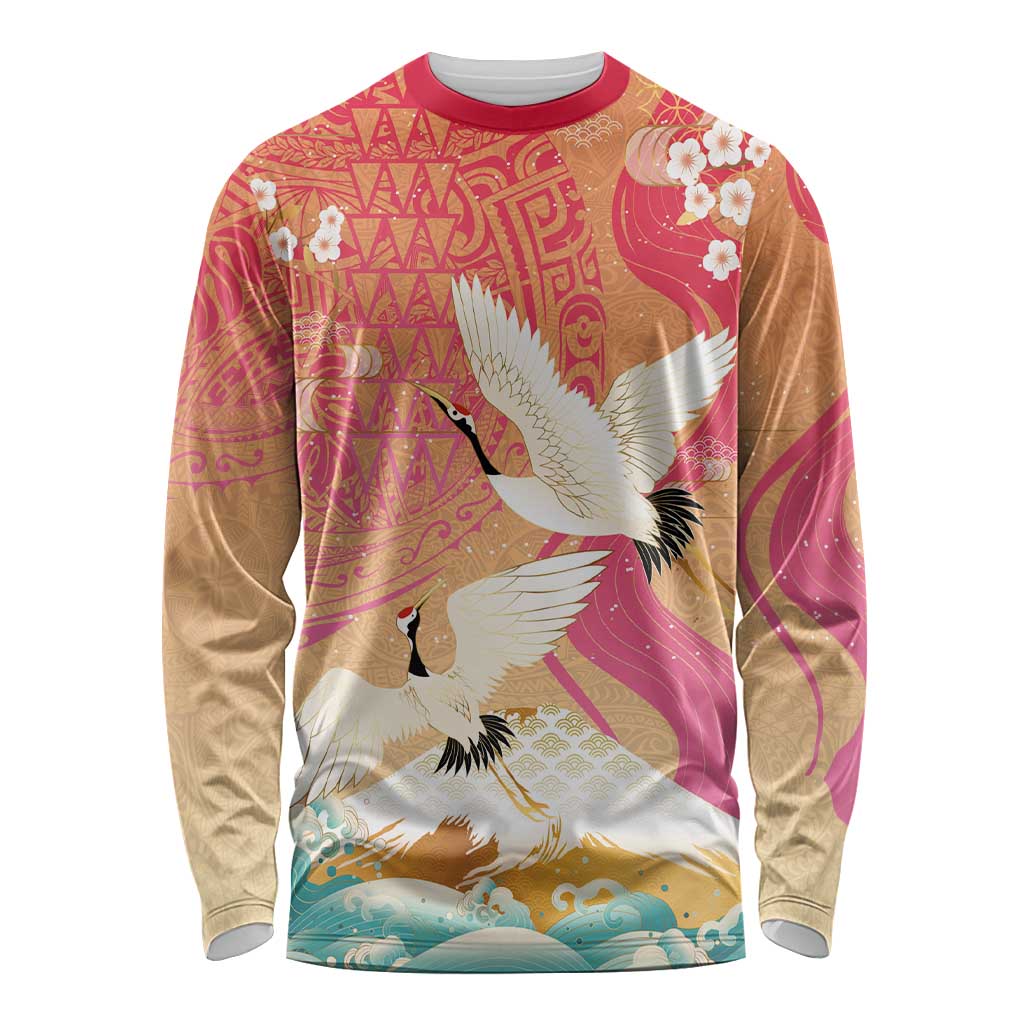 Hawaiian and Japanese Culture Together Long Sleeve Shirt Kakau Art Tattoo with Cranes and Sakura Spring Vibe LT03 Unisex Multicolor - Polynesian Pride
