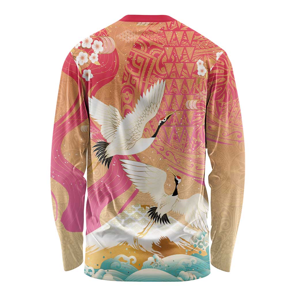 Hawaiian and Japanese Culture Together Long Sleeve Shirt Kakau Art Tattoo with Cranes and Sakura Spring Vibe LT03 - Polynesian Pride