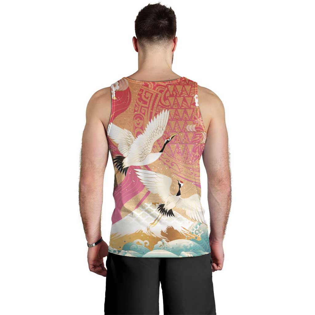 Hawaiian and Japanese Culture Together Men Tank Top Kakau Art Tattoo with Cranes and Sakura Spring Vibe LT03 - Polynesian Pride
