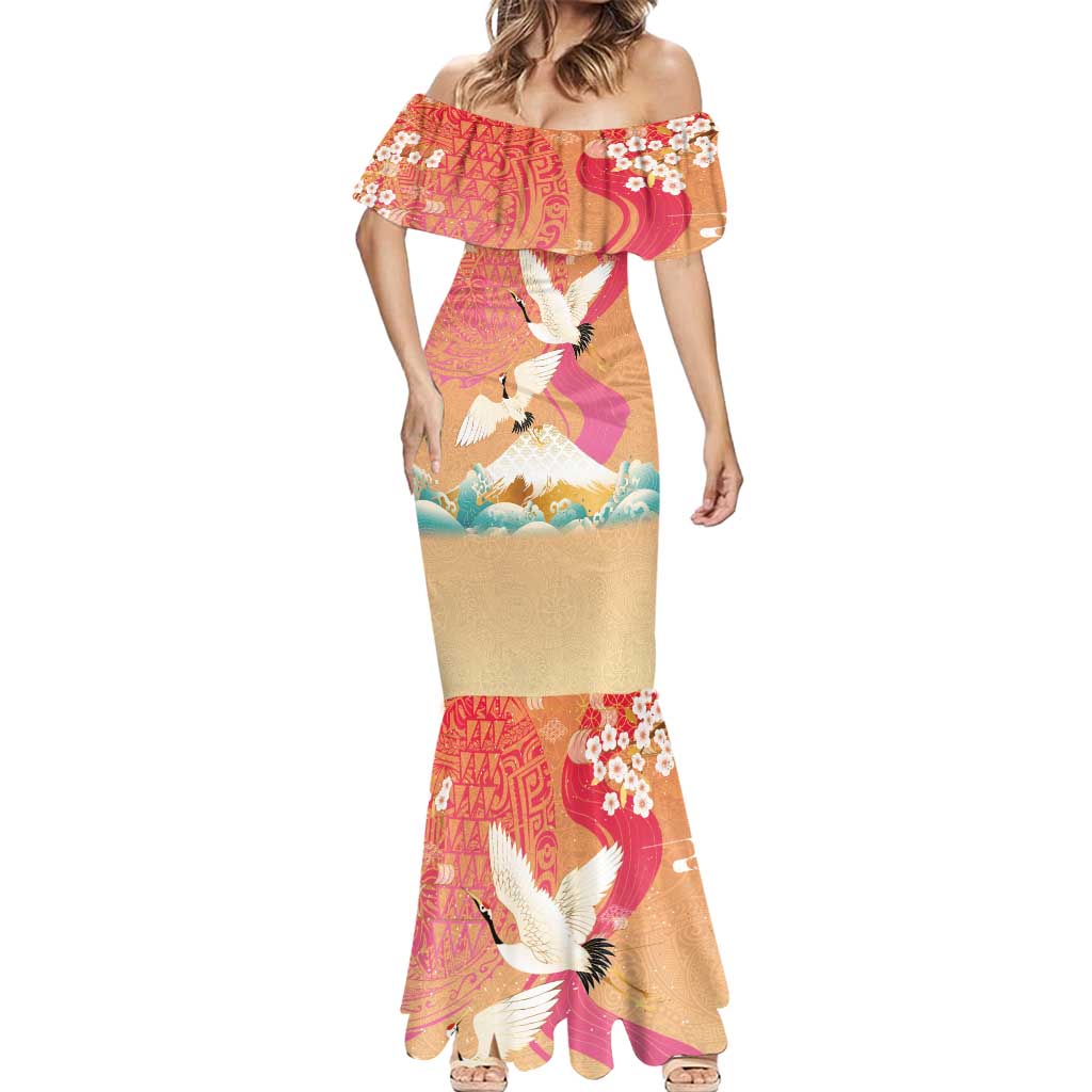 Hawaiian and Japanese Culture Together Mermaid Dress Kakau Art Tattoo with Cranes and Sakura Spring Vibe LT03 - Polynesian Pride