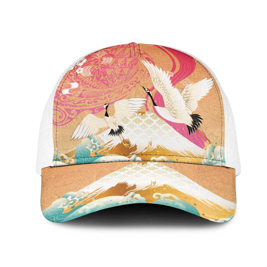 Hawaiian and Japanese Culture Together Mesh Trucker Cap Kakau Art Tattoo with Cranes and Sakura Spring Vibe LT03 One Size White Multicolor - Polynesian Pride