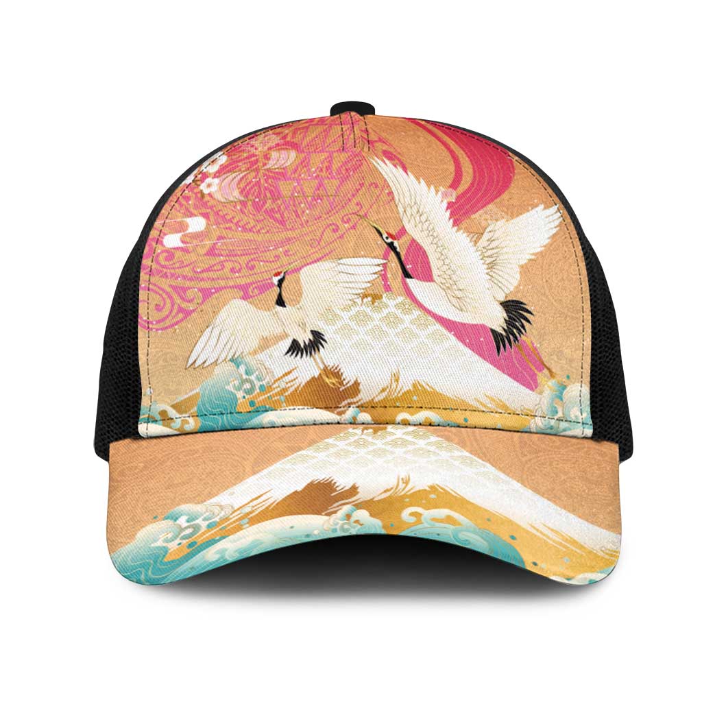 Hawaiian and Japanese Culture Together Mesh Trucker Cap Kakau Art Tattoo with Cranes and Sakura Spring Vibe LT03 One Size Black Multicolor - Polynesian Pride