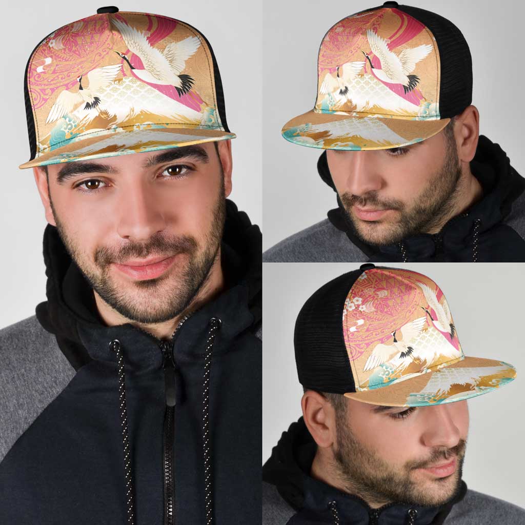 Hawaiian and Japanese Culture Together Mesh Trucker Cap Kakau Art Tattoo with Cranes and Sakura Spring Vibe LT03 - Polynesian Pride