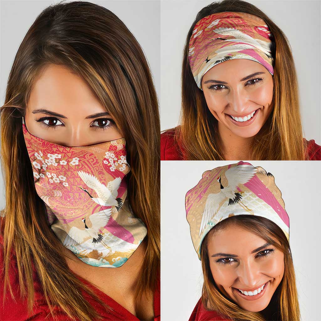 Hawaiian and Japanese Culture Together Neck Gaiter Kakau Art Tattoo with Cranes and Sakura Spring Vibe LT03 - Polynesian Pride
