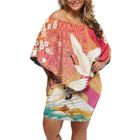 Hawaiian and Japanese Culture Together Off Shoulder Short Dress Kakau Art Tattoo with Cranes and Sakura Spring Vibe LT03 Women Multicolor - Polynesian Pride