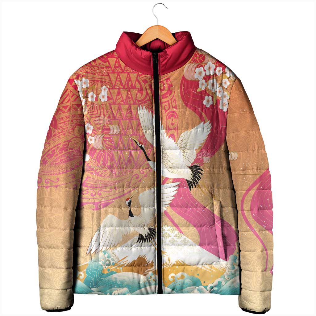 Hawaiian and Japanese Culture Together Padded Jacket Kakau Art Tattoo with Cranes and Sakura Spring Vibe LT03 - Polynesian Pride
