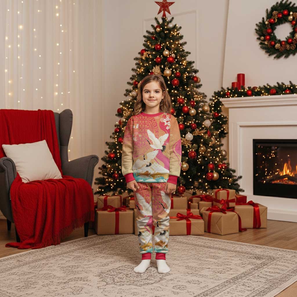 Hawaiian and Japanese Culture Together Christmas Pajama Set Kakau Art Tattoo with Cranes and Sakura Spring Vibe LT03 Kid Multicolor - Polynesian Pride