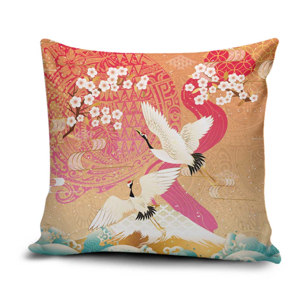 Hawaiian and Japanese Culture Together Pillow Cover Kakau Art Tattoo with Cranes and Sakura Spring Vibe LT03 Multicolor - Polynesian Pride
