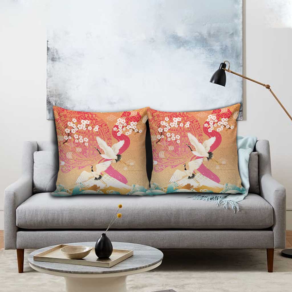 Hawaiian and Japanese Culture Together Pillow Cover Kakau Art Tattoo with Cranes and Sakura Spring Vibe LT03 - Polynesian Pride