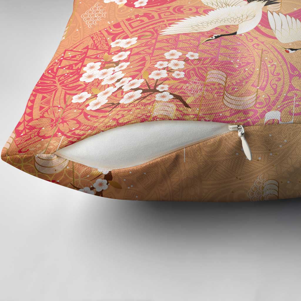 Hawaiian and Japanese Culture Together Pillow Cover Kakau Art Tattoo with Cranes and Sakura Spring Vibe LT03 - Polynesian Pride