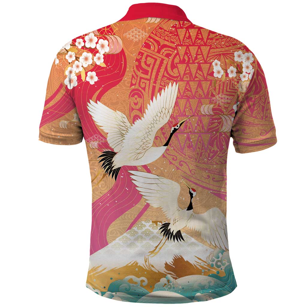 Hawaiian and Japanese Culture Together Polo Shirt Kakau Art Tattoo with Cranes and Sakura Spring Vibe LT03 - Polynesian Pride