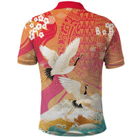 Hawaiian and Japanese Culture Together Polo Shirt Kakau Art Tattoo with Cranes and Sakura Spring Vibe LT03 - Polynesian Pride