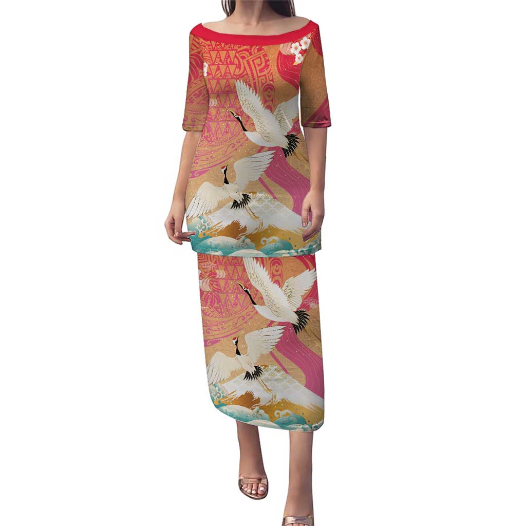 Hawaiian and Japanese Culture Together Puletasi Kakau Art Tattoo with Cranes and Sakura Spring Vibe LT03 Long Dress Multicolor - Polynesian Pride