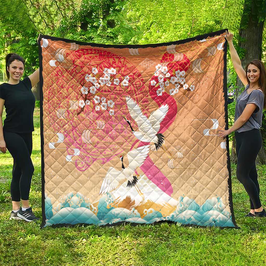 Hawaiian and Japanese Culture Together Quilt Kakau Art Tattoo with Cranes and Sakura Spring Vibe LT03 - Polynesian Pride