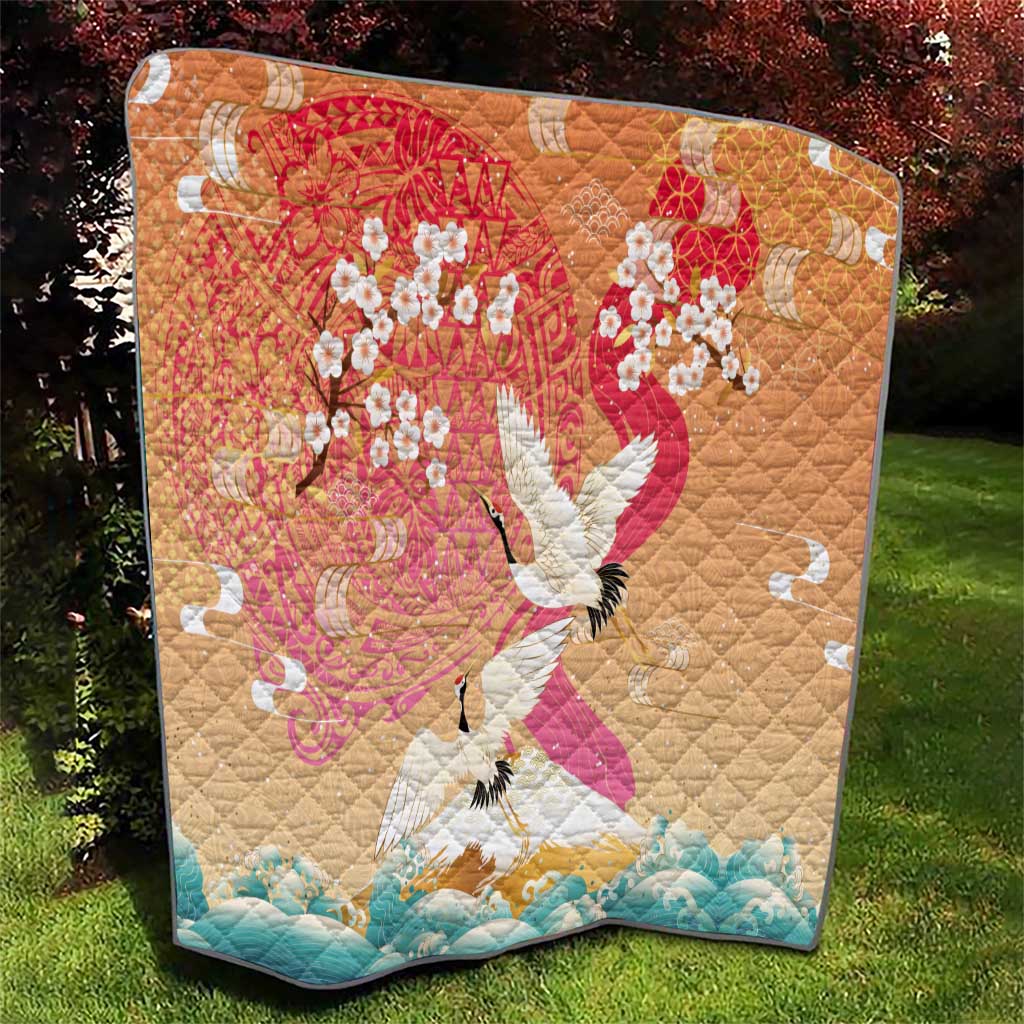 Hawaiian and Japanese Culture Together Quilt Kakau Art Tattoo with Cranes and Sakura Spring Vibe LT03 - Polynesian Pride