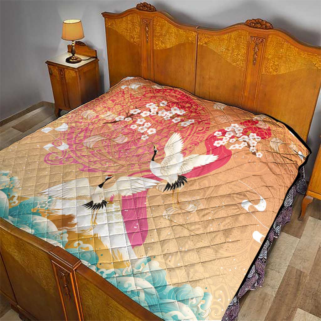 Hawaiian and Japanese Culture Together Quilt Kakau Art Tattoo with Cranes and Sakura Spring Vibe LT03 - Polynesian Pride
