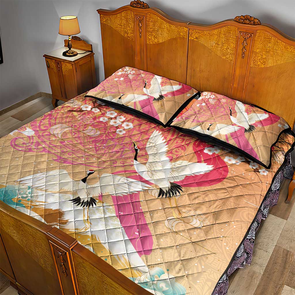 Hawaiian and Japanese Culture Together Quilt Bed Set Kakau Art Tattoo with Cranes and Sakura Spring Vibe LT03 - Polynesian Pride